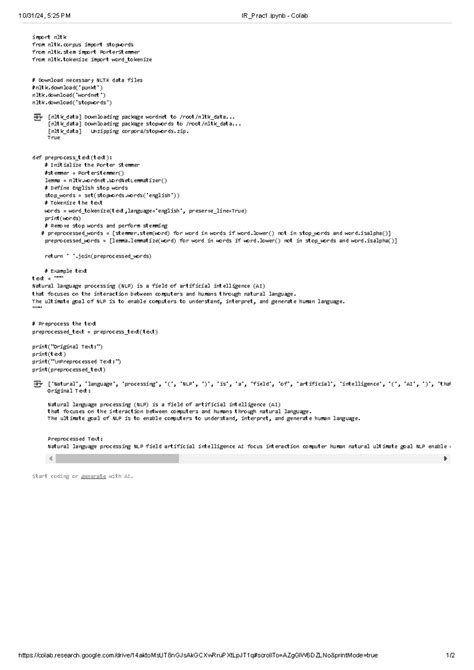 IR Prac1.ipynb - Colab - dff - import nltk from nltk import stopwords ...