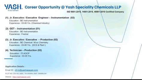 Yash Specialty chemicals LLP Job vacancy for Production Maintenance ...