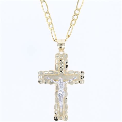 2" Religious Cross Pendant 22.25" Figaro Necklace 10k Multi-Tone Gold 7 ...