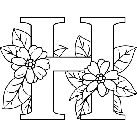 Alphabet H coloring page with the flower, H letter digital outline ...