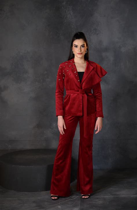 Red Velvet Embroidered Blazer Pant Set – Ombrello Clothing
