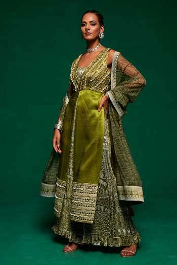 Buy Green Organza, Cotton, Gingham Pearls, Mirrors, Printed Jumpsuit ...