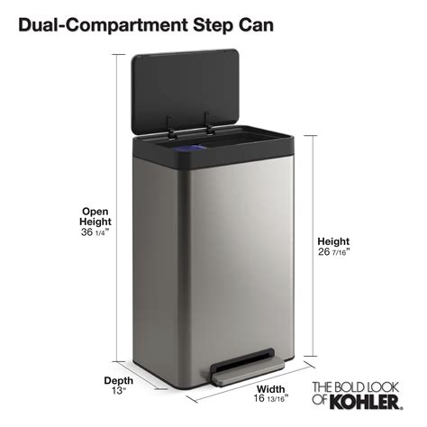 Kohler 20956-BST Step Trash Can, 11 Gallon, Dual Compartment, Black ...