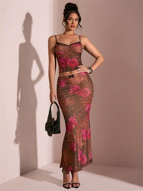 SHEIN BAE Summer Seaside Vacation Leopard Flower Lace Bow Suit Sexy ...