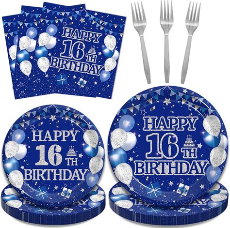 Amazon.com: Kepeel 96Pcs 16th Birthday Party Tableware Set, Blue and ...