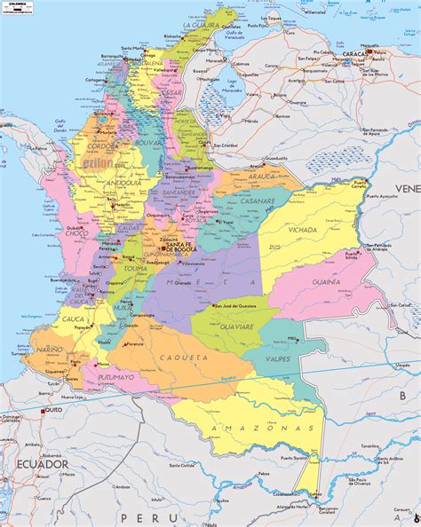 Detallado mapa político y administrativo de Colombia con carreteras ...