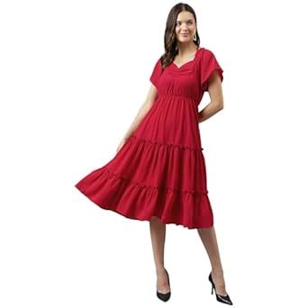 Buy KERI PERRY Women's Red Rayon Solid Tiered Western Dress | Dress for ...