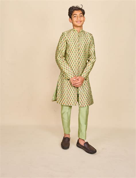 Apple Green Jaipuri Print Highlighted Achkan Set – allboycouture