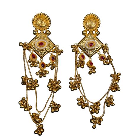 Antique Gold Geometric Drop Earrings with Red Stone & Long Ghungroo Ch ...