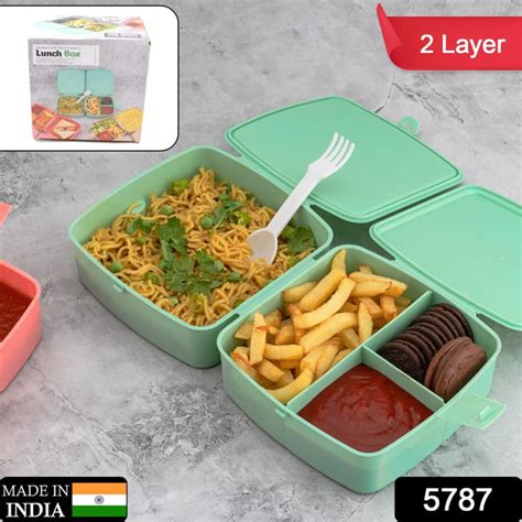 5787 Double-Layer Square Lunch Box with Spoon , 4 Compartment Tiffin ...