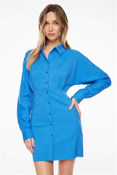 Long Sleeve Cinched Shirt Dress Blue | Long sleeve collared dress ...