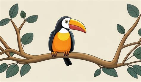 A cartoon drawing of a bird on a branch with leaves | Premium AI ...