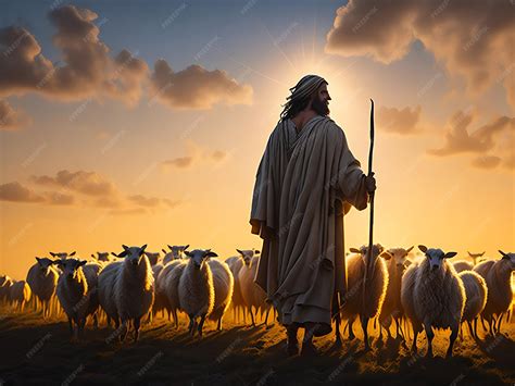 Bible jesus shepherd with his flock of sheep during sunset | Premium AI ...