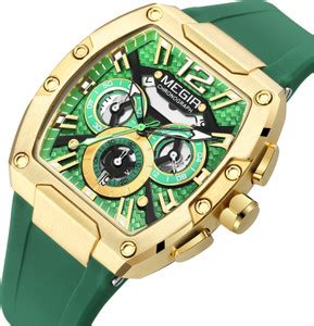 MEGIR Mens Watch Chronograph Gold Watch With Green Silicone Strap Wrist ...