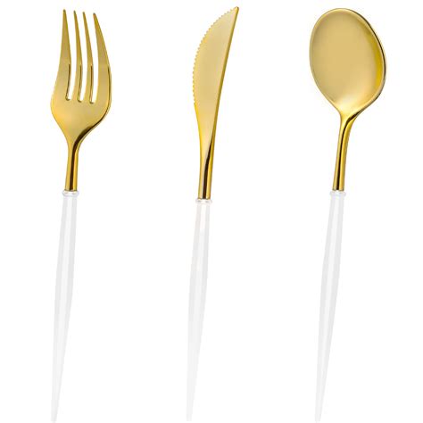 120PCS Gold and White Plastic Silverware - Gold Plastic Cutlery with ...