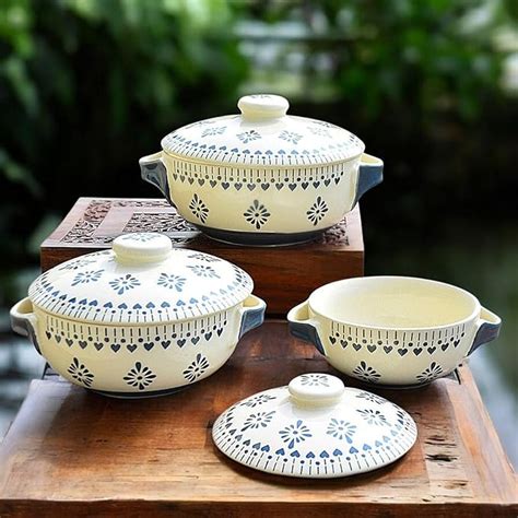 Buy Ceramic Serving Donga Set with Lids and Handles, White and Grey, 3 ...