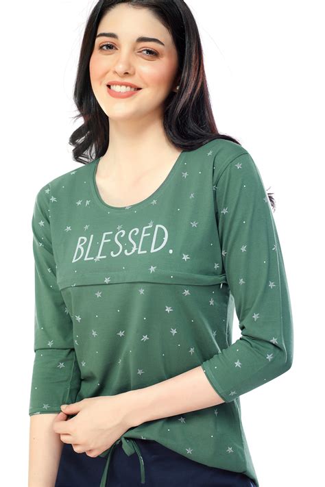 ZEYO Women Cotton Green Star Print Nursing & Feeding Night Suit