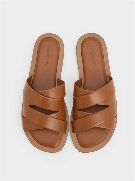 Cognac Strappy Crossover Slide Sandals - CHARLES & KEITH IN