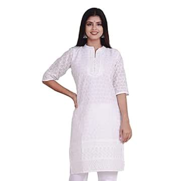 Buy UB WOLF Women White Mandarin Neck 3/4th Sleeves Rayon lakhnawi ...