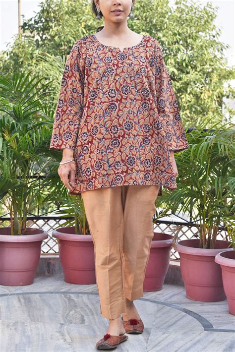 Machalipatnam Kalamkari Hand Block Printed Cotton Short Kurta with seq ...
