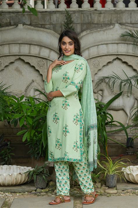 Green Pure Cotton Straight Suit Set VKSKD1263 – Ahika