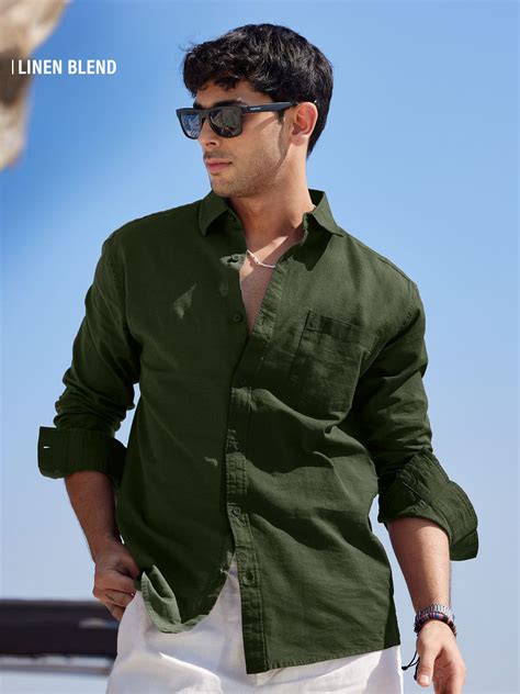 Buy Solids: Olive Men Cotton Linen Shirts Online