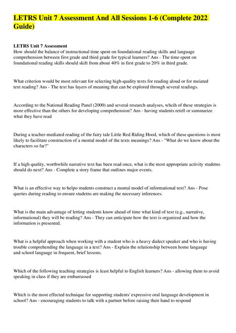 LETRS Unit 7 Assessment And All Sessions 1-6 (Complete 2022 Guide ...