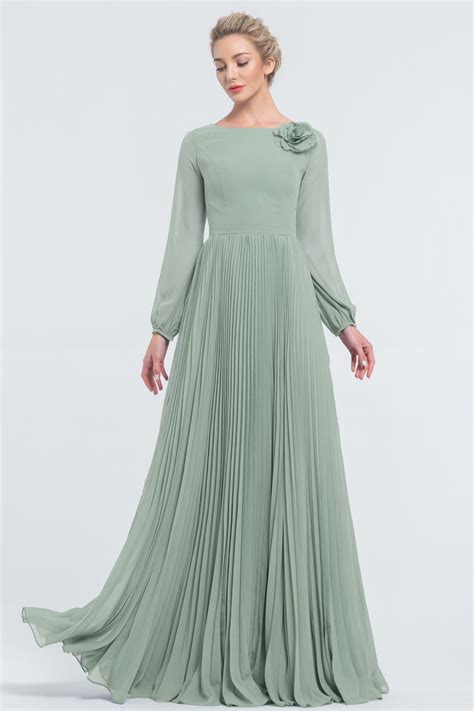 Modest LDS Eucalyptus Green Bridesmaid Dress Long Sleeves | Long sleeve bridesmaid dress, Long ...