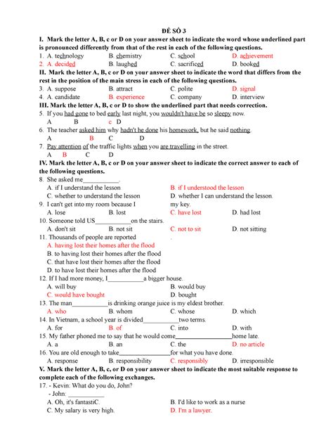 ĐỀ SỐ 3 - Toán tuyển sinh - ĐỂ SỐ 3 I. Mark the letter A, B, c or D on ...