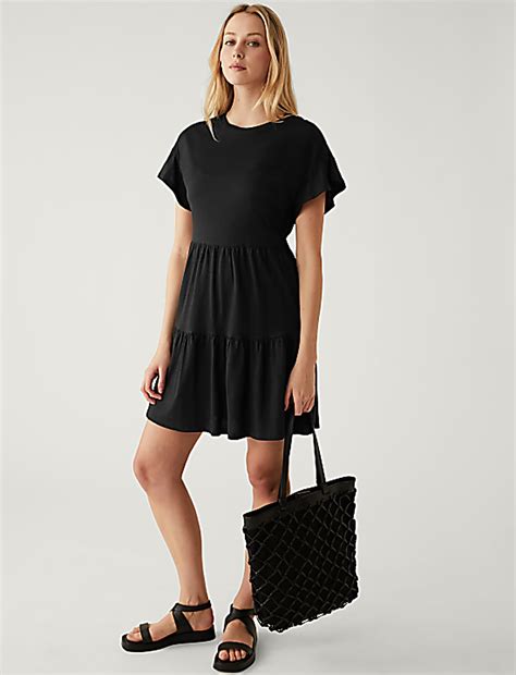 Buy Pure Cotton Round Neck Mini Tiered Dress at Marks & Spencer