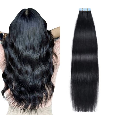 Amazon.com : SUYYA Tape in Hair Extensions Human Hair Jet Black 100% ...