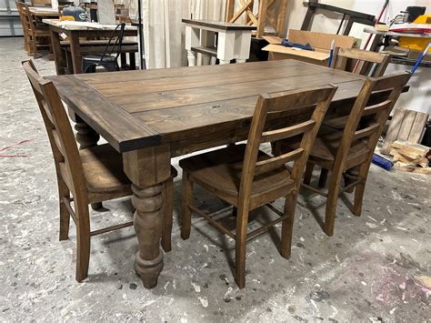 Farmhouse Dining Table Set 6ft Turned Legs Solid Wood Rustic Kitchen ...