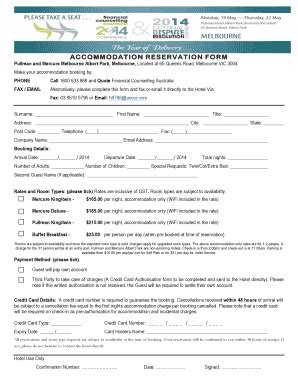 Fillable Online ACCOMMODATION RESERVATION FORM - regonline.com.au Fax ...