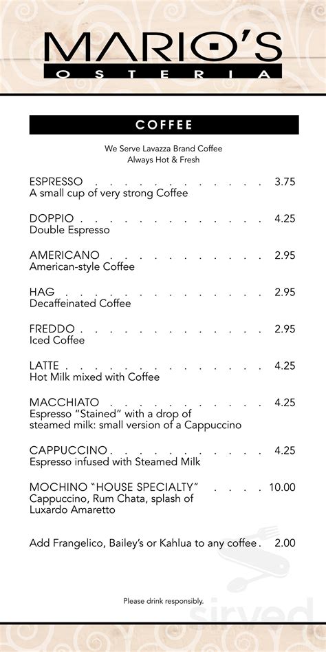 Mario's Osteria menu in Boca Raton, Florida, USA