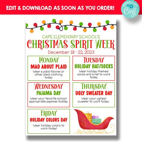 EDITABLE Christmas Spirit Week Itinerary | Holiday Spirit Week Flyer ...