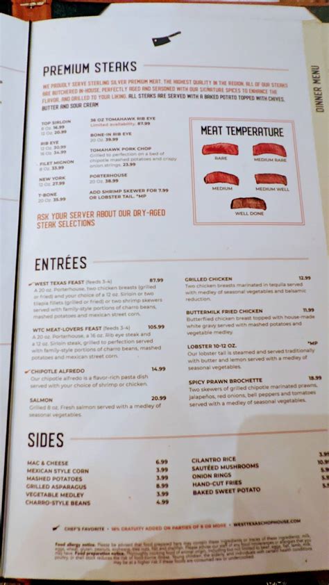 Menu at West Texas Chophouse steakhouse, El Paso