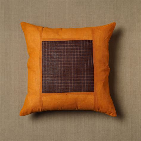 Orange Kanchipuram Patchwork Cotton Cushion Cover 13