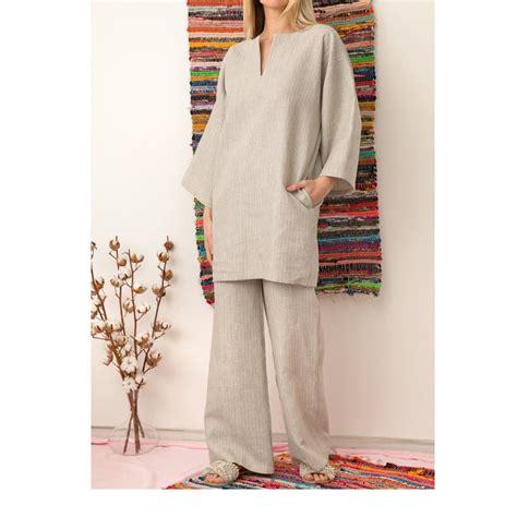 Beige Linen Women's Set: Loose Shirt & Palazzo Pants - Etsy