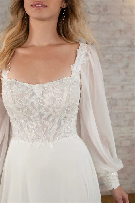 Flowy A-Line Bridal Gown with Detachable Long Sleeves