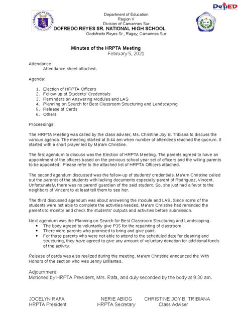 52010 1476 Minutes of Hrpta Meeting - Department of Education Region V ...