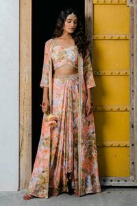 Buy Peach Silk, Viscose Sequins, Water Splash Floral Print Jacket And ...