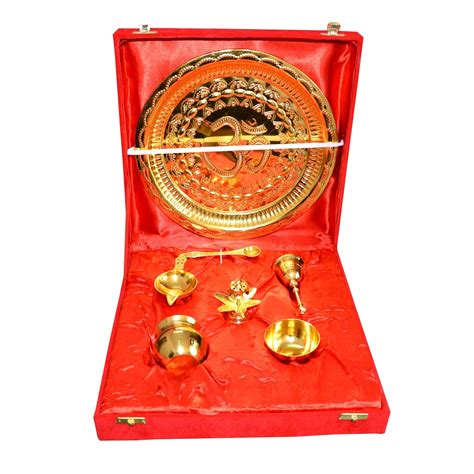 Traditional Gold Plated Brass Pooja Thali Set of 7 Pcs with Box Packing ...