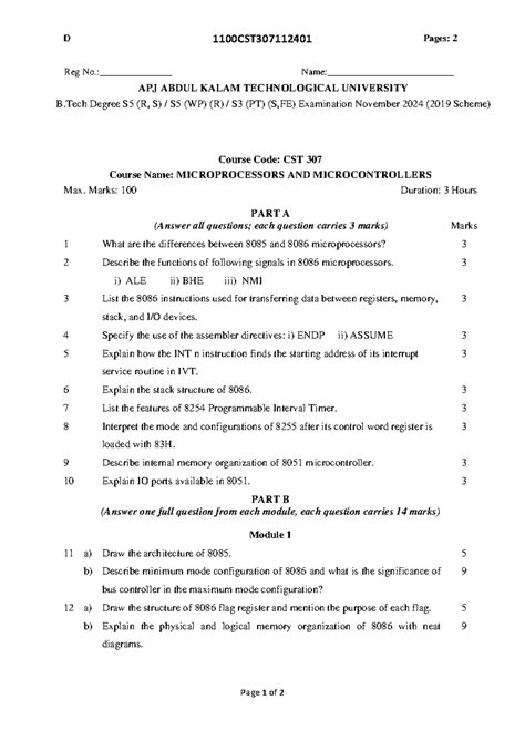 CST 307 Microprocessors & Microcontrollers Nov 2024 Exam Question Paper ...
