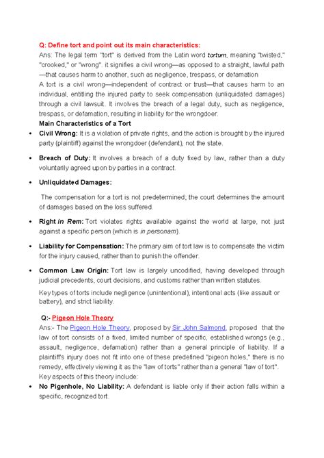 Tort Law Overview: Key Concepts and Case Studies (LAW 101) - Studocu