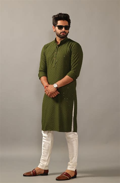Green Chikankaari Mens Embroidered Kurta Pajama – Rajanyas