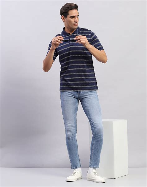 Buy Men Navy Blue Self Design Polo Collar Half Sleeve T-Shirt Online in ...