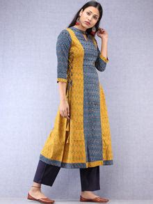 Indigo Mustard Ajrakh Hand Block Printed Cotton Kurta With Side Knots ...