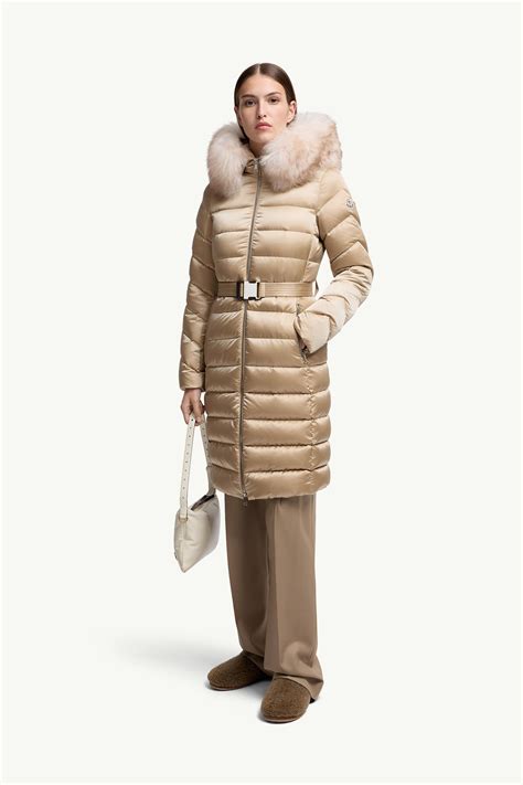 Beige Leersie Hooded Shearling-Trimmed Long Down Jacket - Long Jackets ...