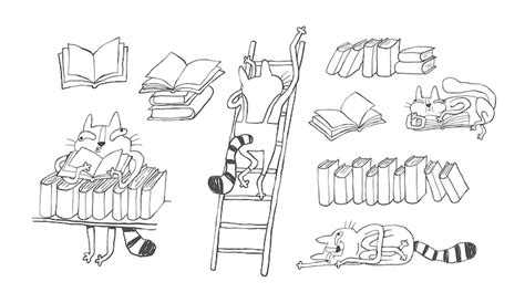 Set of funny doodle cat characters in a bookshop hand drawn minimalist ...