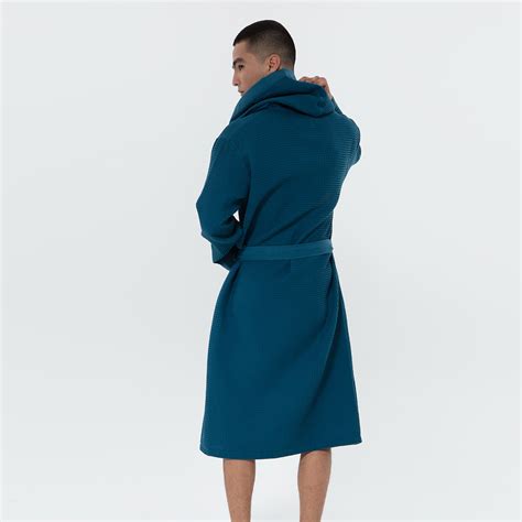 Men's Deep Aqua Blue Hooded Turkish Cotton Waffle Robe | SEYANTE